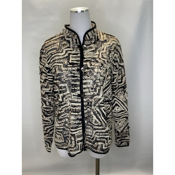 Chico’s Women’s 2 US L Black Mesh With Fabric Strips Trim Mandarin Collar Jacket - Picture 1 of 10